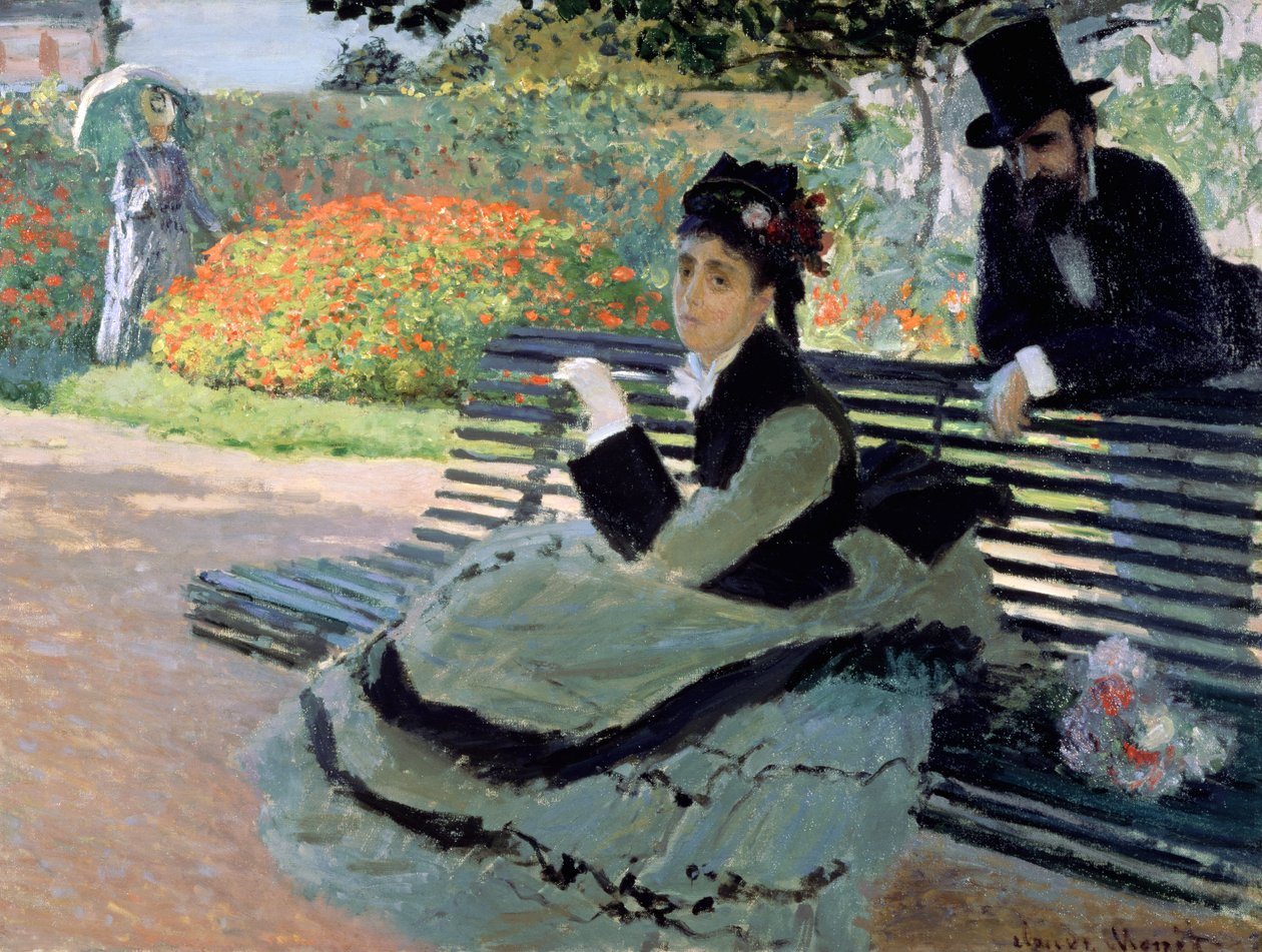 Madame Monet em um banco de jardim de Claude Monet