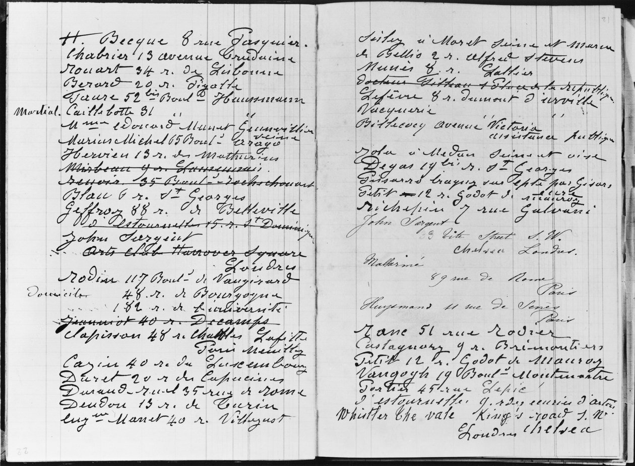 Páginas do livro de contas da Monet detalhando nomes e endereços de Claude Monet