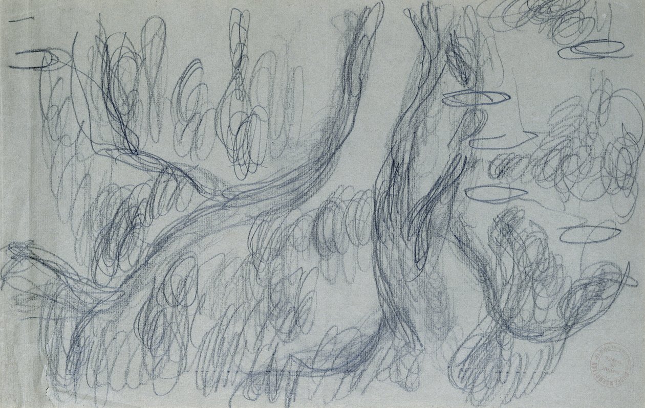 Reflexões de Salgueiros, c.1918 (lápis preto sobre papel azul acinzentado) de Claude Monet