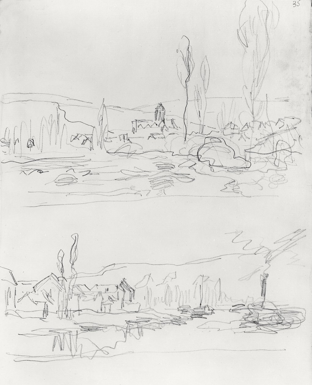 Dois esboços: Vetheuil de L&39;Ile St-Martin e Tugboat no Sena antes de Lavacourt, antes de 1886 de Claude Monet