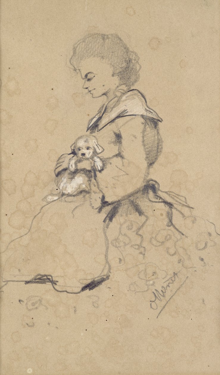 Mulheres, segurando, pequeno, cão, 1857, (black, branca, giz, papel) de Claude Monet