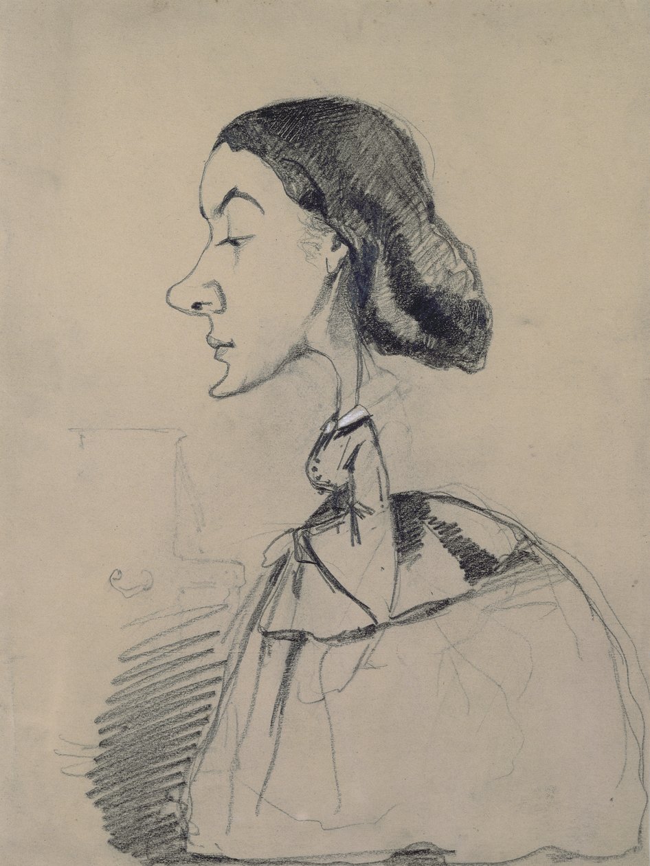 Jovem mulher no piano, 1855-60 (lápis preto aumentado com pastel branco sobre papel) de Claude Monet