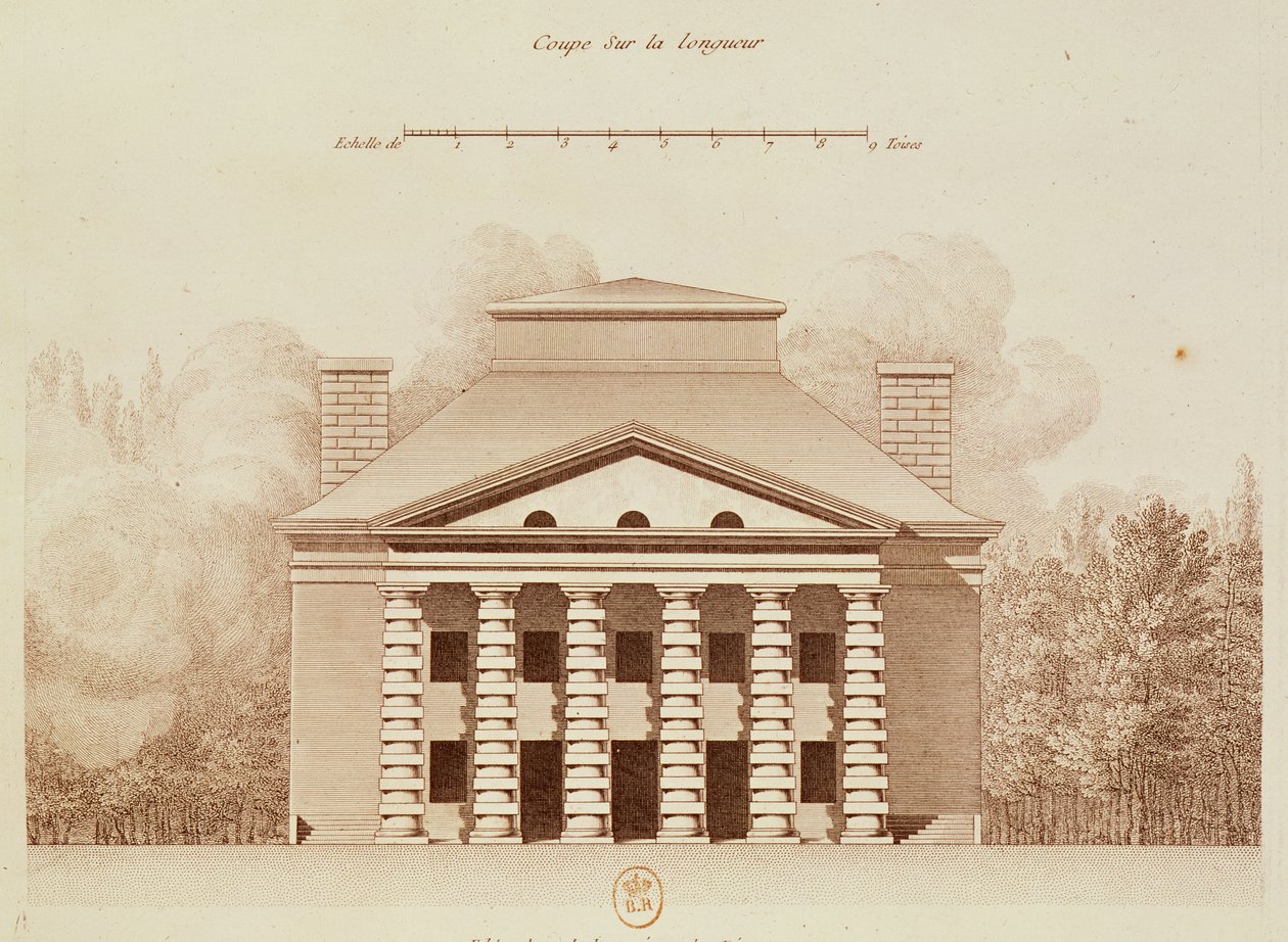Elevação da casa do diretor do sal funciona na &39;cidade ideal&39; de Chaux, gravada por Louis Sellier (n.1757) de Claude Nicolas Ledoux