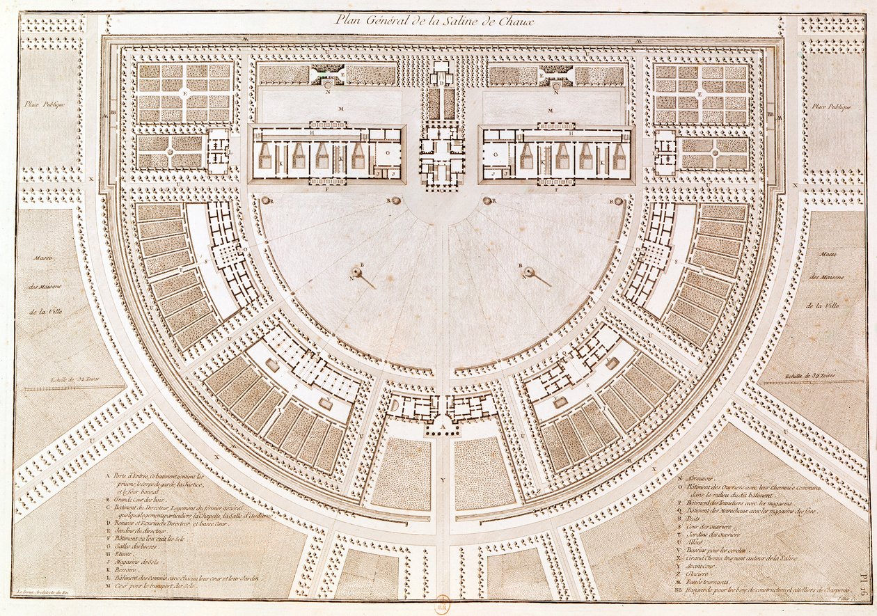 Plano geral do sal funciona na &39;cidade ideal&39; de Chaux, gravada por Louis Sellier (n. 1775) de Claude Nicolas Ledoux
