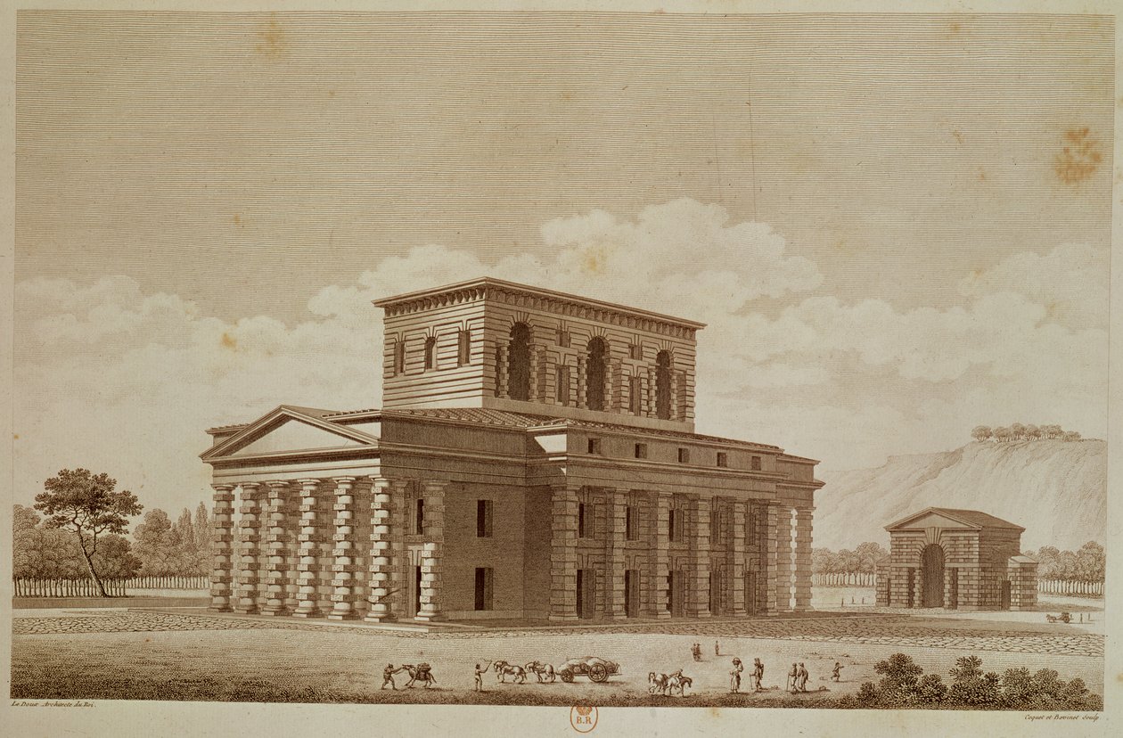 Vista em perspectiva da casa do diretor do sal funciona na &39;cidade ideal&39; de Chaux, gravada por Louis Sellier (n. 1775) e Coquet, c.1801 de Claude Nicolas Ledoux