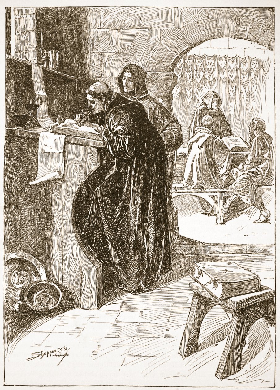 O Scriptorium de um mosteiro, ilustração de "A Igreja da Inglaterra: uma história para o povo" por HDM Spence-Jones, pub. c.1910 (foto sépia) de Claude Shepperson