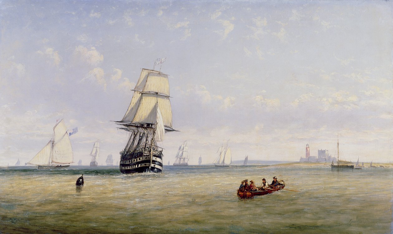 Men-o&39;-War, Schooners e Royal Navy Yachts em Busy Channel Scene fora da Fastnet Light de Claude T. Stanfield Moore