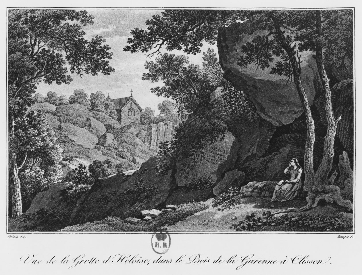 Vista da gruta de Heloise no parque de Garenne em Clisson, ilustração de &39;Viagem pitoresca no bosque de Vendee ou vistas de Clisson e seus arredores&39;, 1817 de Claude Thienon