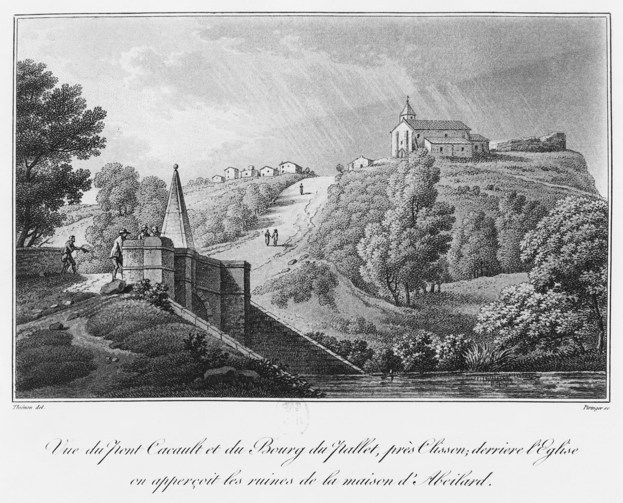 Vista da ponte Cacault e da aldeia de Pallet, perto de Clisson, ruínas da casa de Abelardo, ilustração de &39;Viagem pitoresca no bosque de Vendee ou vistas de Clisson e seu enviro de Claude Thienon