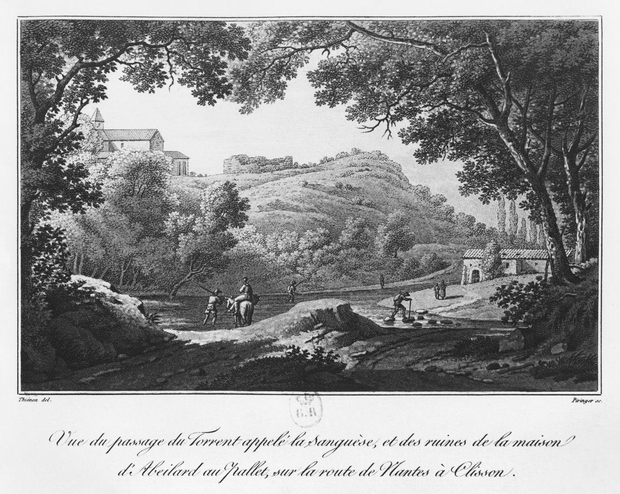 Vista da torrente conhecida como La Sanguese e as ruínas da casa de Abelardo no palete, na estrada de Clisson para Nantes, ilustração de de Claude Thienon