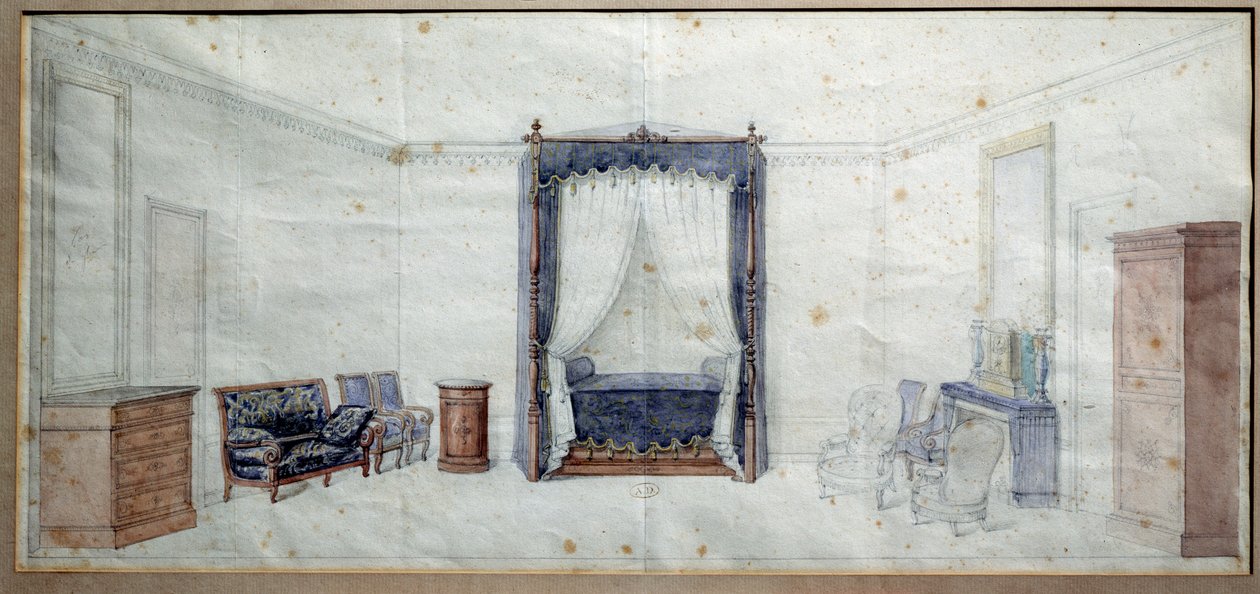 Quarto (com cómoda, canapé, poltrona e quatro camas de cartazes). Aquarela de Claude Aime Chenavard (1798-1838) de Claude Amie Chenavard