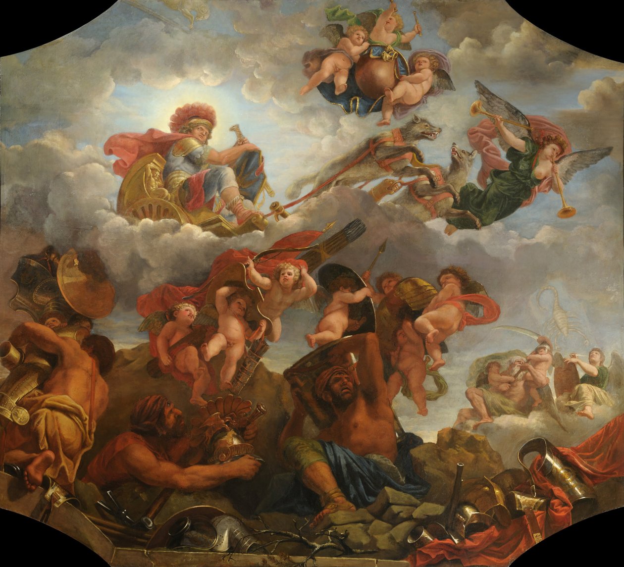 Marte em sua carruagem puxada por lobos, 1673 de Claude Audran the Younger