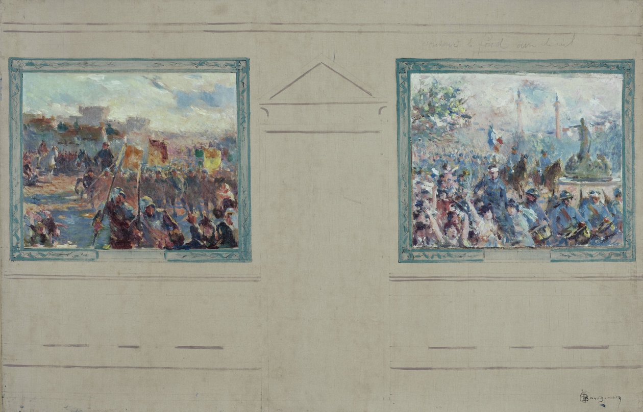 Esboço da Câmara Municipal do 12º distrito de Paris: Revue militaire. Défilé place de la Nation, cerca de 1910 (óleo sobre tela) de Claude Charles Bourgonnier