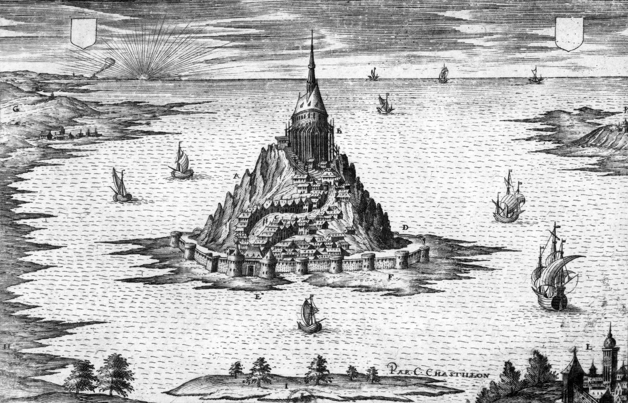 Monte Saint Michel na Normandia (França), gravura de Chastillon de Claude Chastillon