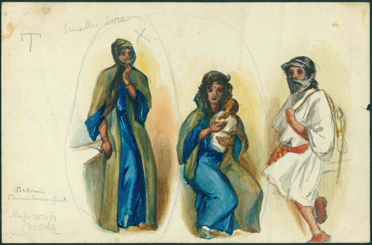 Queimadores de carvão beduínos, Monte Carmelo, perto de Haifa, 1873 (wc e lápis sobre papel) de Claude Conder