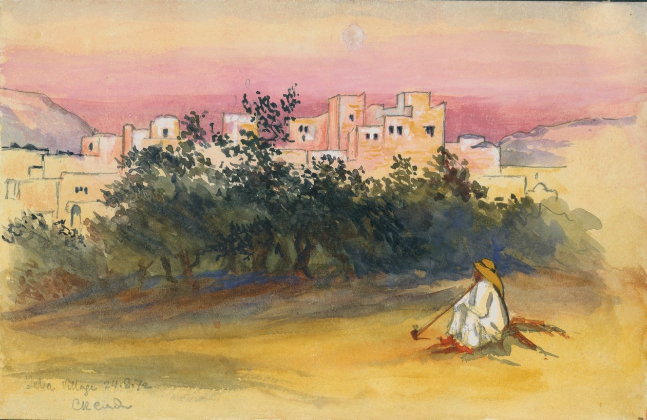 Jeba Village, 1872 (wc e lápis sobre papel) de Claude Conder