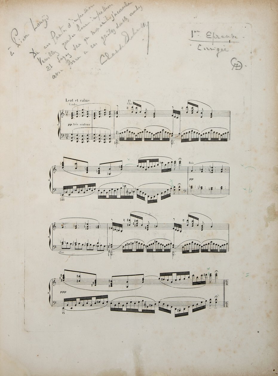 Página da primeira prova corrigida de "La damoiselle elue", c.1887-88 de Claude Debussy
