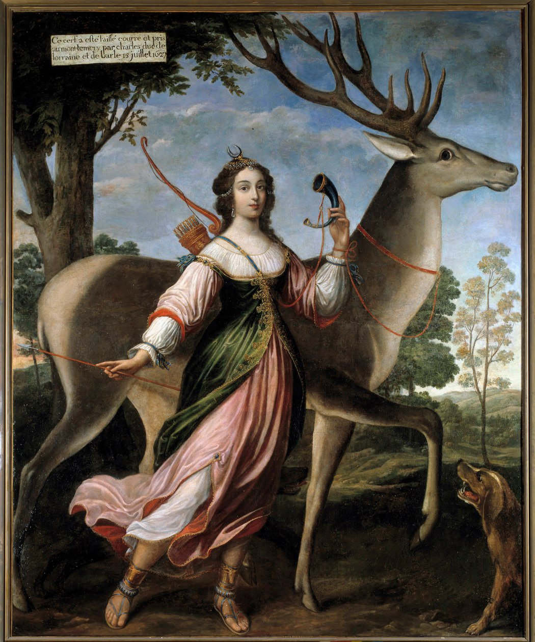 Retrato de Marie de Rohan - Montbazon, Duquesa de Luynes, então Chevreuse (1600-1679) A jovem é representada como caçadora Diane, com um veado. Pintura atribuída a Claude Deruet (1588-1662) 1627 Sol. 2,4x1,95 m de Claude Deruet
