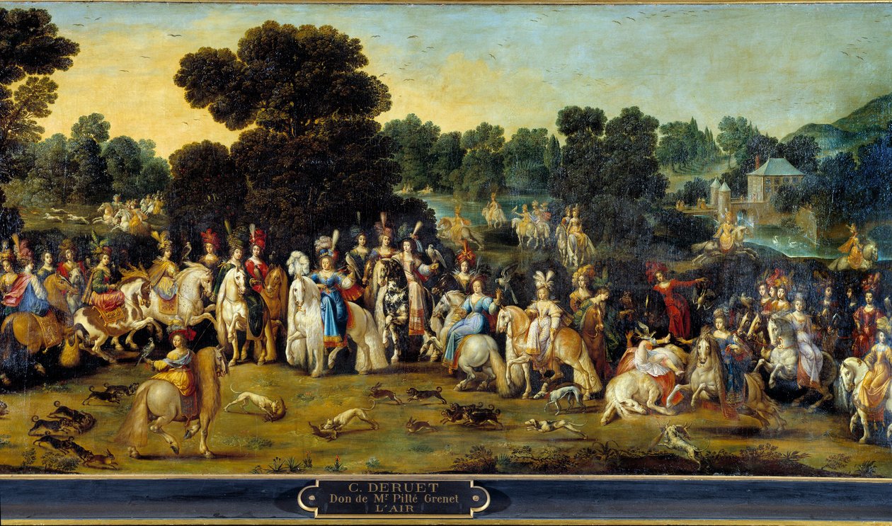 Os quatro elementos: "Ar". Cena de caça no parque de um castelo. Detalhe. Pintura de Claude Deruet (1588-1662) 1641 Sol. 1,14x2,58 m Orleans, musee des Beaux Arts. de Claude Deruet