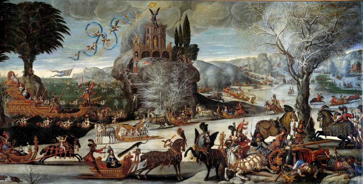 Os quatro elementos: Cena de água paisagem de inverno, o rei Luís XIII está representado em Neptuno, Ana da Áustria em Anfiitre, Príncipe e futuro rei Luís XIV em um barco. Pintura de Claude Deruet (1588-1662). Dim. 2,27 x 1,12 m. 1640-1641. Orleans. Museu de Claude Deruet