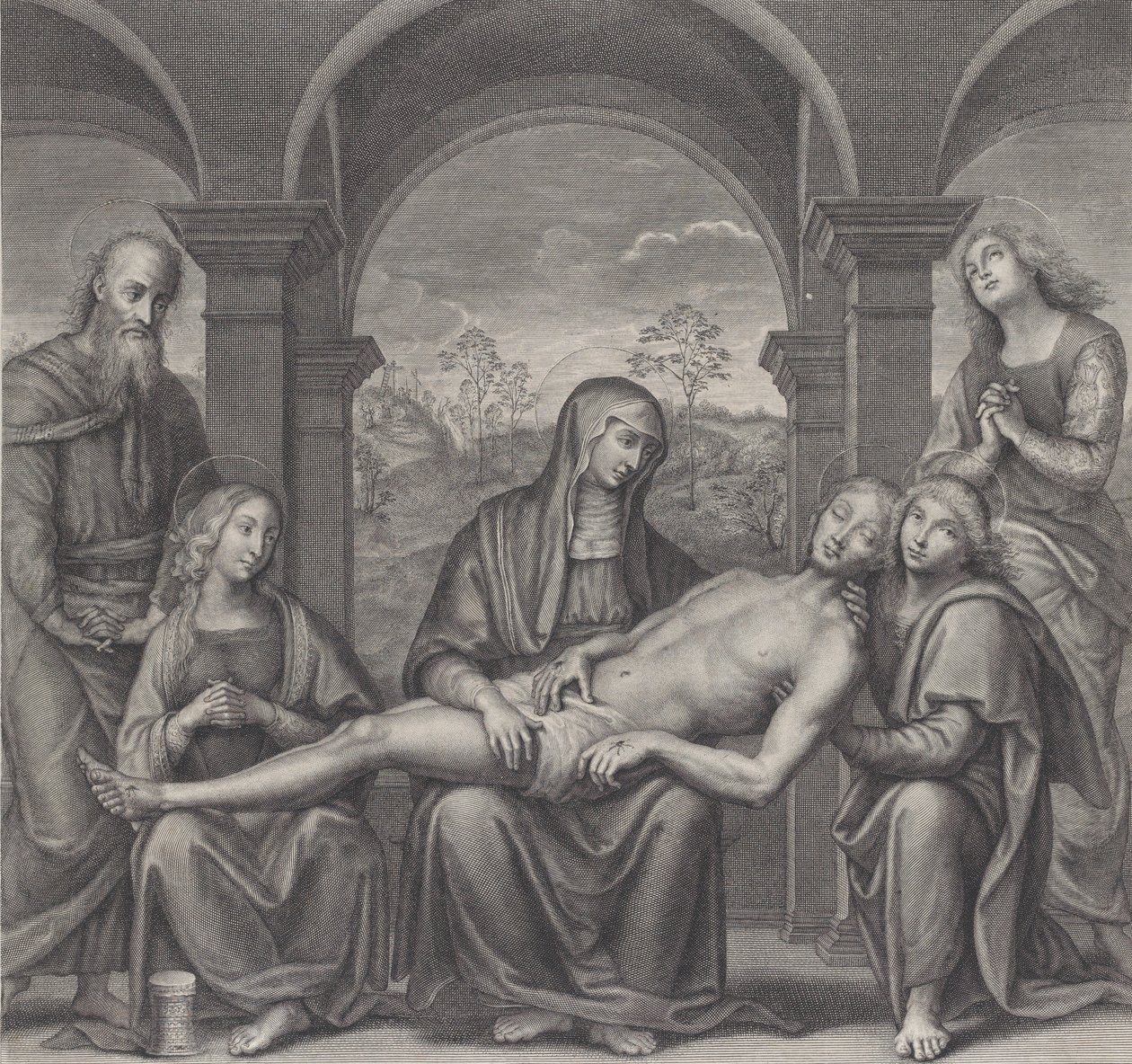 Cristo no túmulo, descansando no colo da Virgem, depois de Perugino, ca. 1685-1727. de Claude Duflos