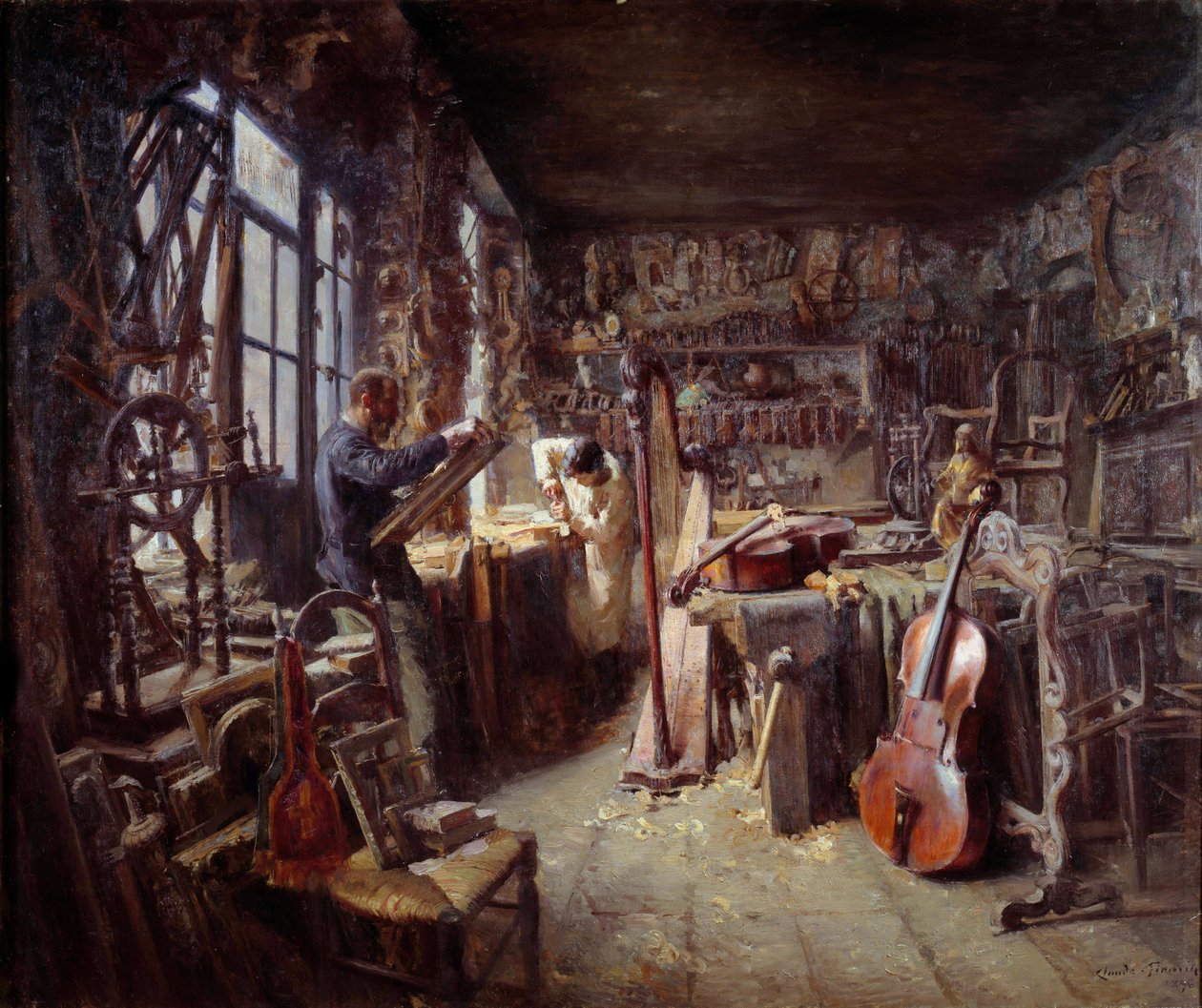 Um restaurador na sua oficina cheia de instrumentos. Pintura de Claude Firmin (1864-1944) 1896 Avignon musee Calvet Attention! A utilização desta obra pode ser sujeita a um pedido de autorização de terceiros ou a taxas adicionais de Claude Firmin