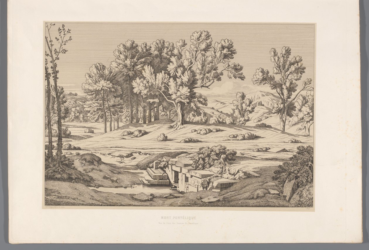 Landschap com gezicht op de berg Pentelikon Monte Pentelic (título no objeto) Vistas dos locais mais famosos da Grécia antiga (...) (título da série) de Claude Félix Théodore Caruelle d