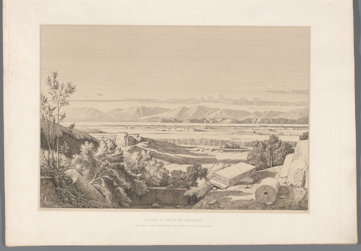 Landschap conheceu zicht op ruins van Korinth Planície e Golfo de Corinto (título no objeto) Vistas dos locais mais famosos da Grécia antiga (...) (título da série) de Claude Félix Théodore Caruelle d