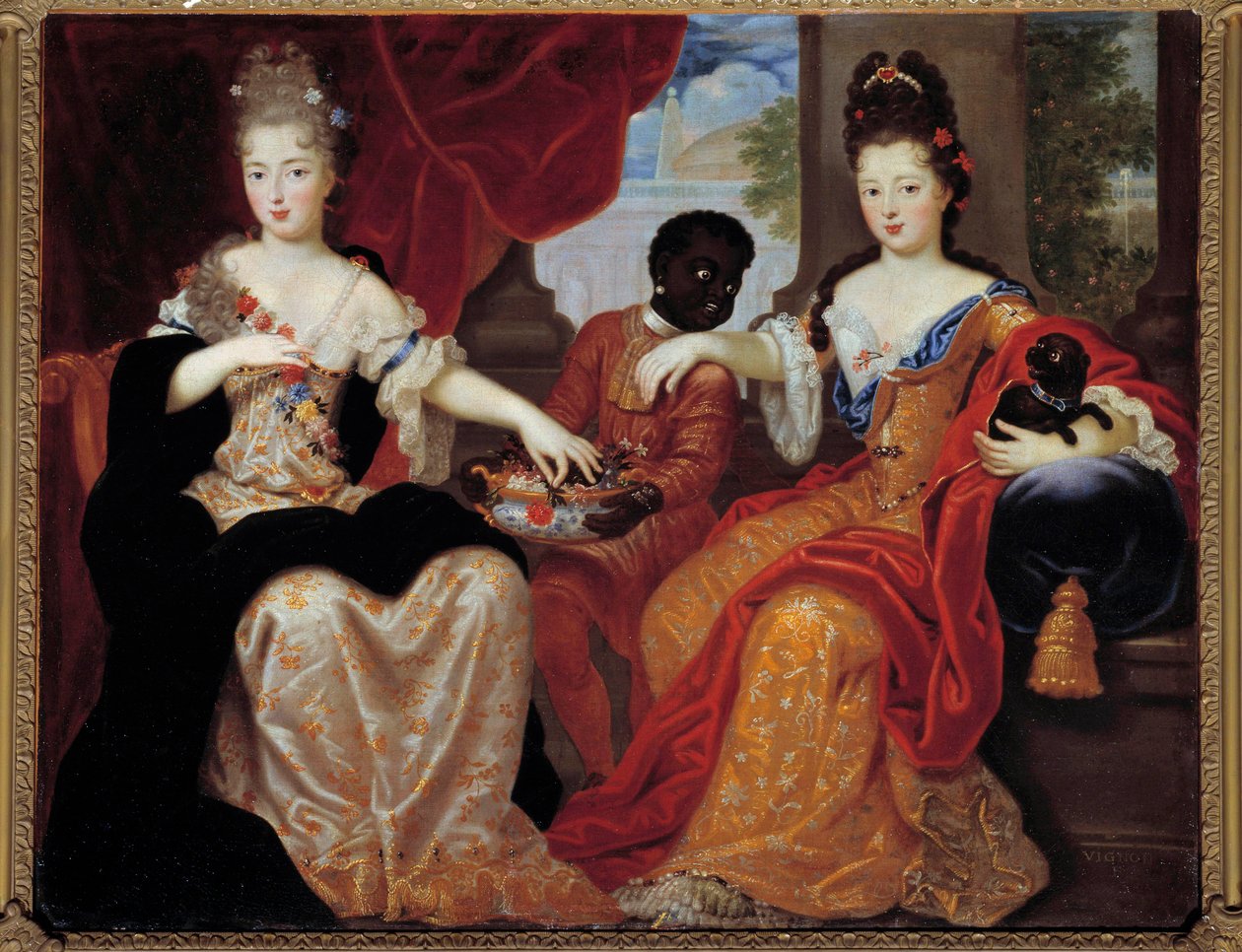 Retratos de Mademoiselle de Blois e Mademoiselle de Nantes servidos pelo seu criado negro". Mademoiselle de Blois (1677-1749), futura esposa de Louis de Bourbon, Mademoiselle de Nantes (1673-1743), futura Duquesa de Orleans. Pintura de Claude François V de Claude Francois Vignon