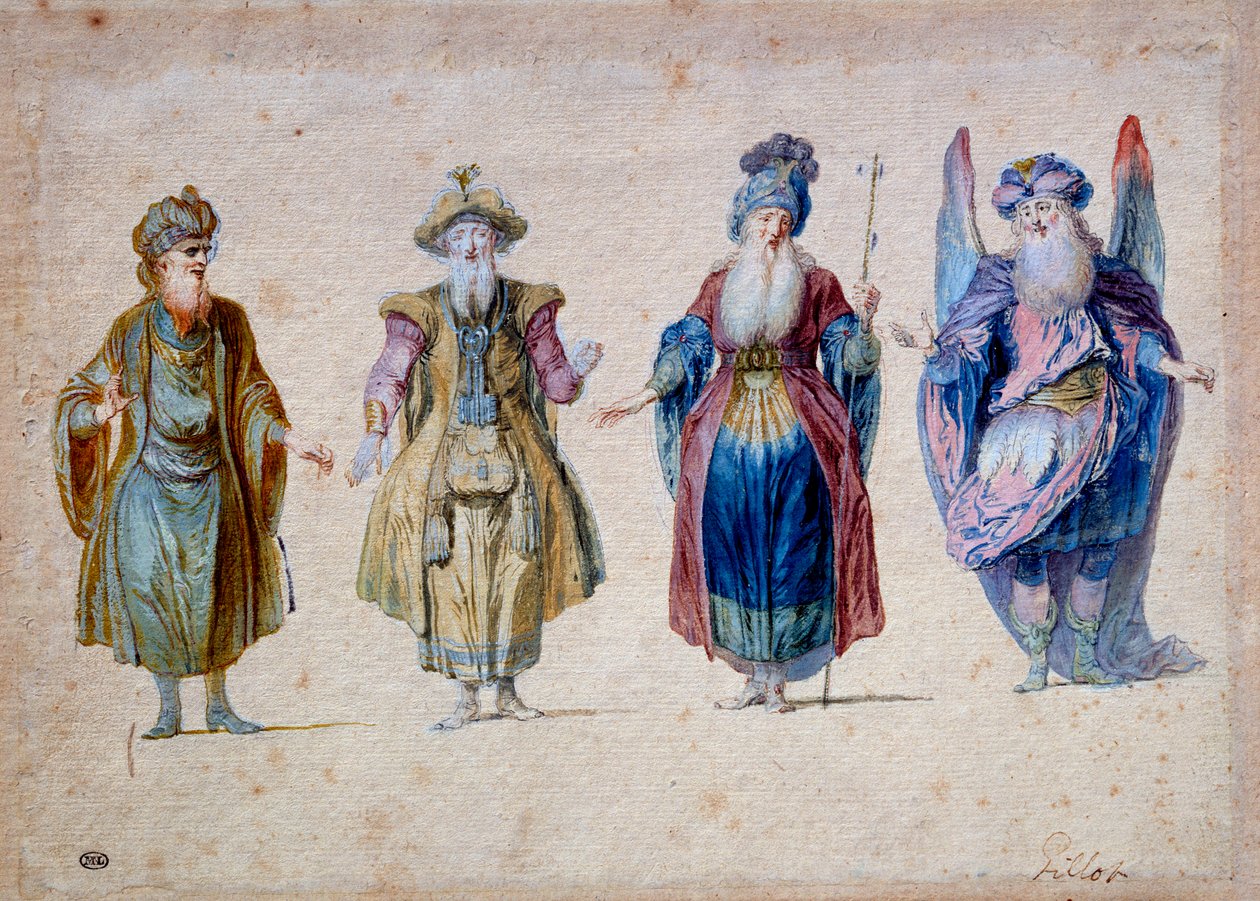 Quatro sacerdotes do teatro Aquarelle de Claude Gillot (1673-1722) Paris, Musee du Louvre de Claude Gillot