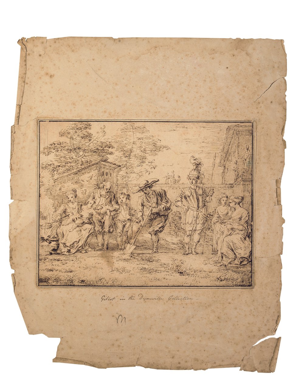 Les quatre âges de la vie: Sete figuras em um jardim, uma cavando com uma pá (caneta e tinta marrom) de Claude Gillot