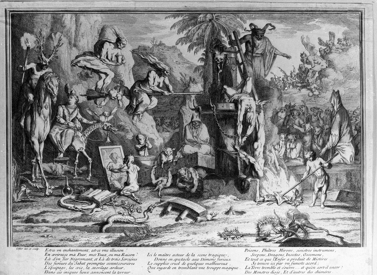 Cerimônias do sábado, demônios, bruxas e criaturas monstruosas dançando. Gravação por Gillot de Claude Gillot