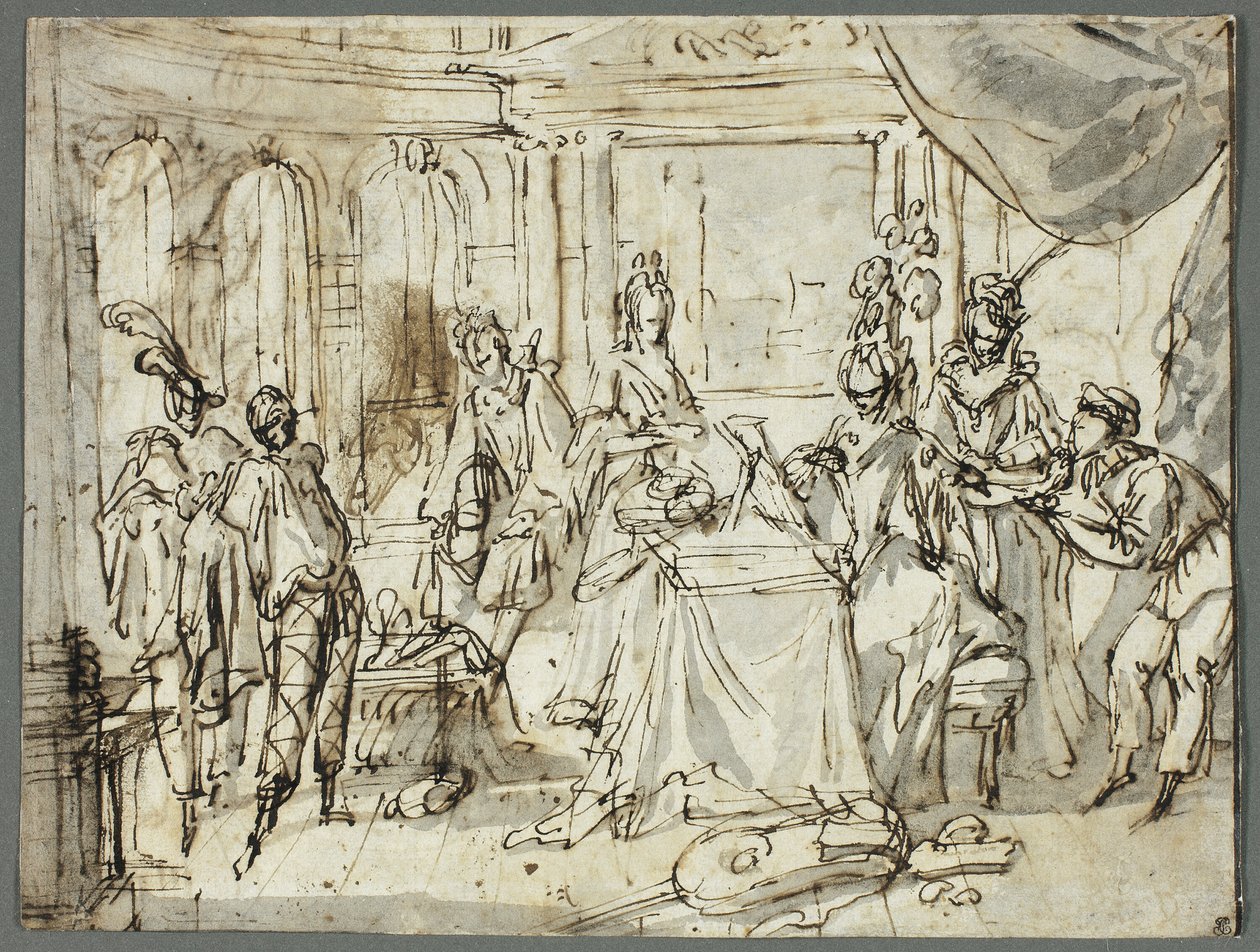 A Preparação dos Atores (reto); Estudos da Sagrada Família e São João Batista (verso) de Claude Gillot