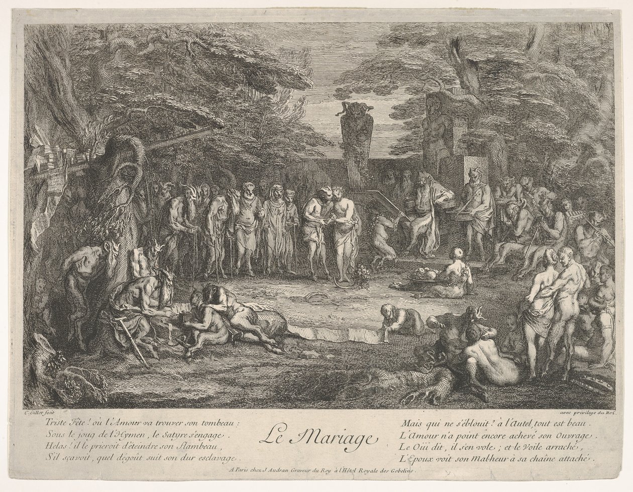 O casamento Le Mariage: em uma floresta, um velho sátiro casa com os noivos em cen ..., ca. 1700-1720. de Claude Gillot