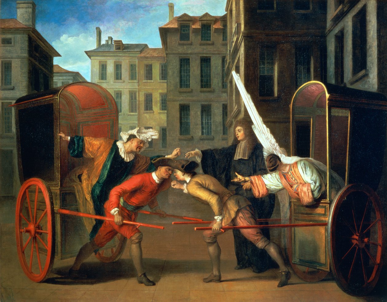 The Two Coaches, uma cena adicionada à comédia &39;The Fair at Saint-Germain&39;, de Jean-François Regnard (1655-1709) e Charles-Riviere Dufresny (1648-1724) c.1695 (óleo sobre tela) de Claude Gillot