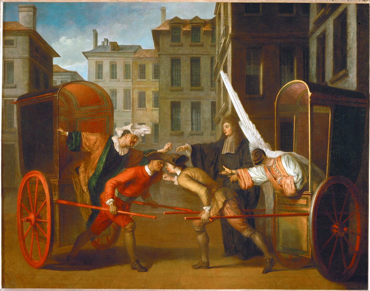 As duas carruagens. Scaramouche e Arlequim ... de Claude Gillot