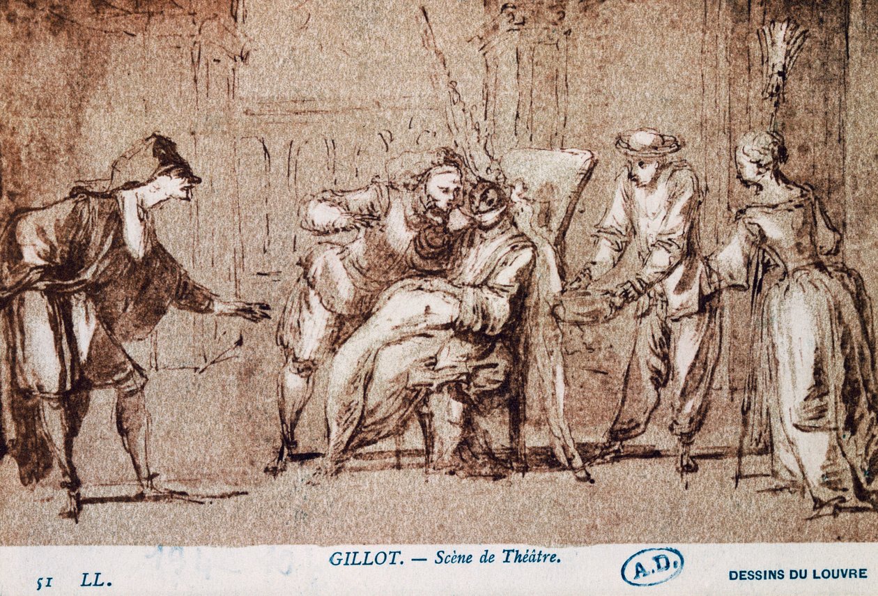 Performance teatral, desenho de Claude Gillot (1673-1722). França de Claude Gillot