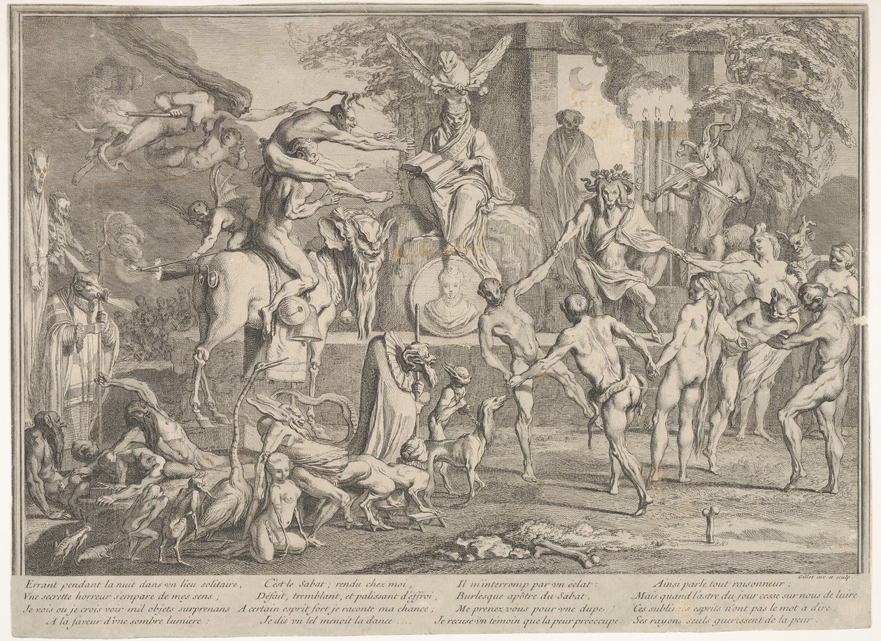 Sábado das Bruxas, dentro de uma paisagem noturna, um necromante sentado no cêntimo ..., ca. 1700-1720. de Claude Gillot