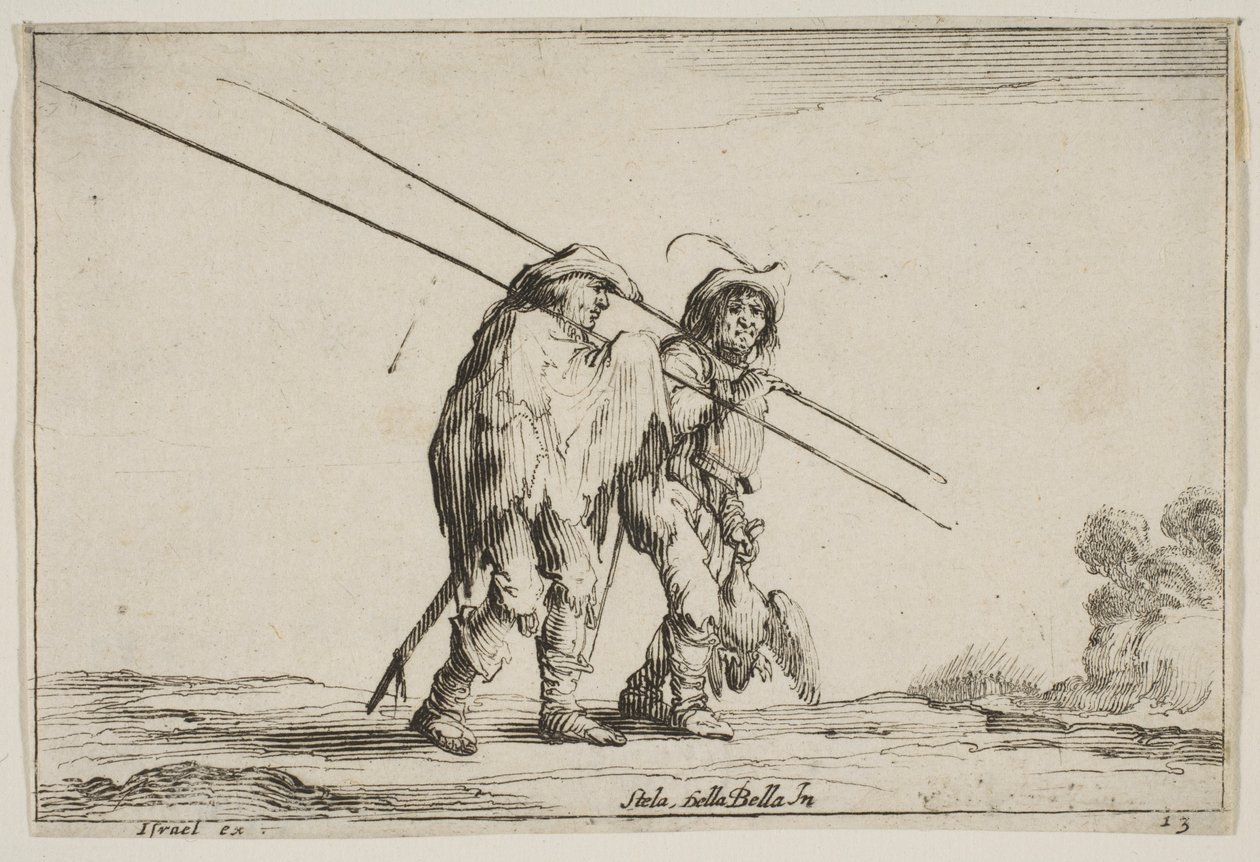 Ilustração 13: Dois pikemen caminhando em direção à direita, cada um com seus piques na mão direita ..., 1642. de Claude Goyrand