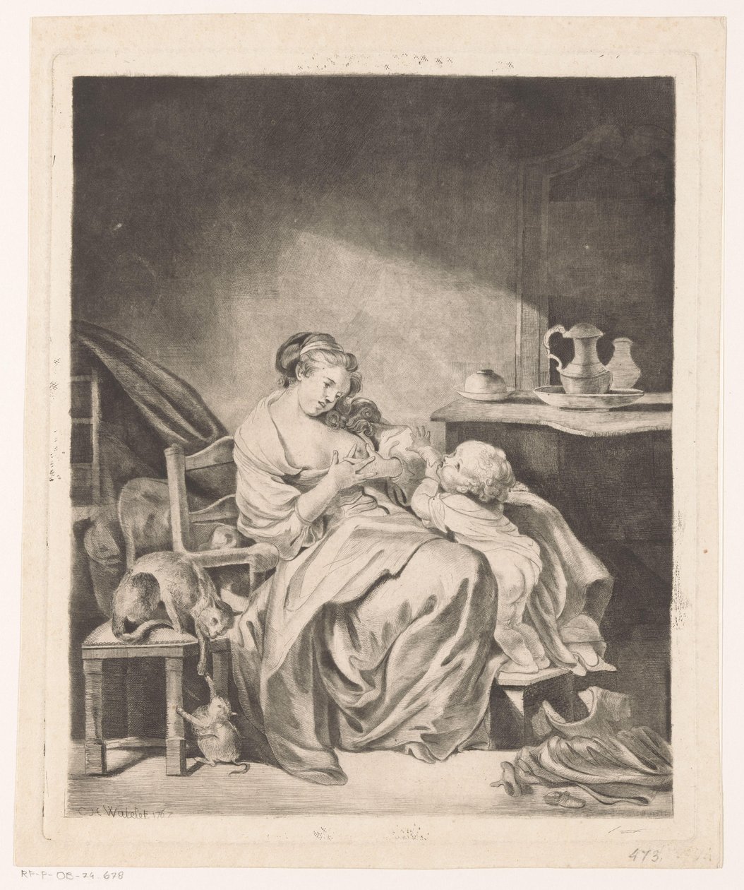 Interior com uma mulher sentada a alimentar o seu filho de Claude Henri Watelet