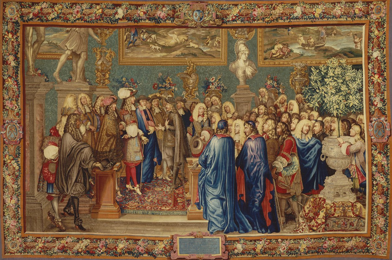 Uma audiência concedida por Luís XIV ao Conde de Fuentes... no Louvre, 24 de Março de 1662, ca. 1730. de Claude I, Ballin