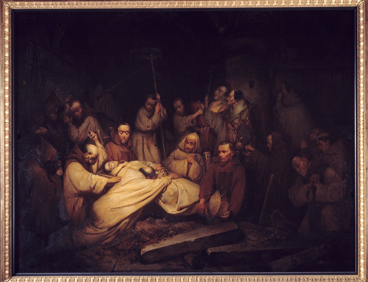 O Conde de Comminges. Última cena dos Memoriais do Conde de Comminges representando O Conde de Comminges reconhecendo Adelaide após a sua morte. Pintura após o romance de François de Baculard d