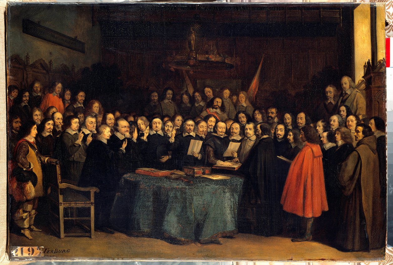 A paz de Westfália, o juramento após a ratificação da paz entre os espanhóis e os necessitados, na Prefeitura de Munster em 15-05-1648 Eles encerraram a Guerra dos Trinta Anos. Pintura de Claudius Jacquand de Claude Jacquand