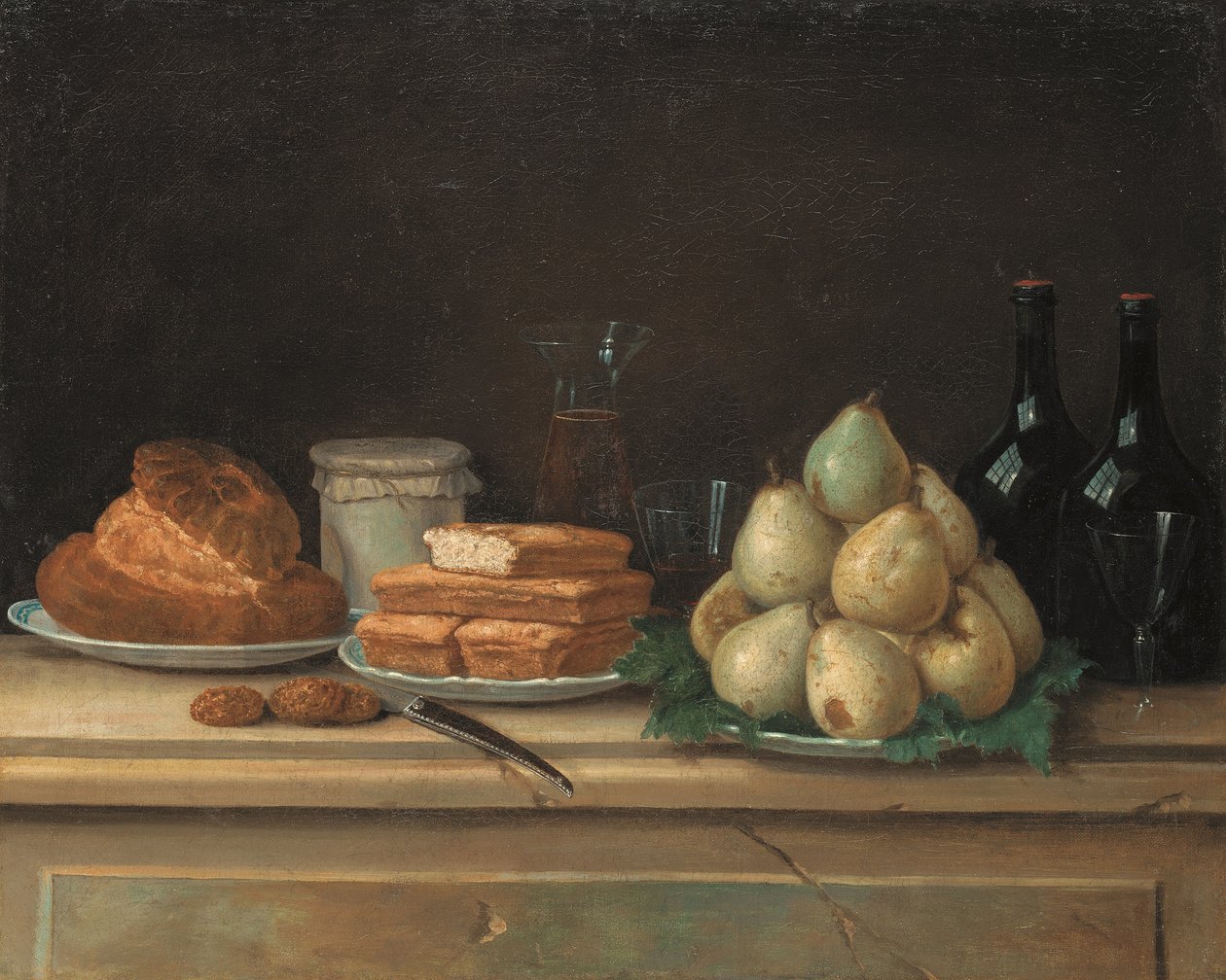 Pêras e pão sobre pratos, com garrafas de vinho e copos sobre uma saliência de pedra (óleo sobre tela) de Claude Joseph Fraichot