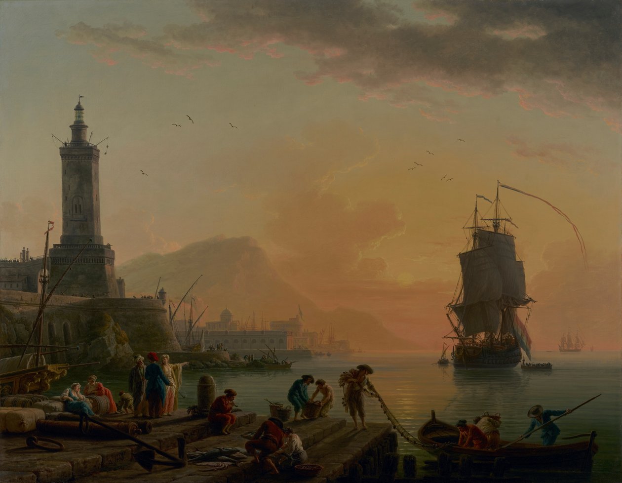 Porto mediterrânico. Vento calmo, noite calma. de Claude Joseph Vernet