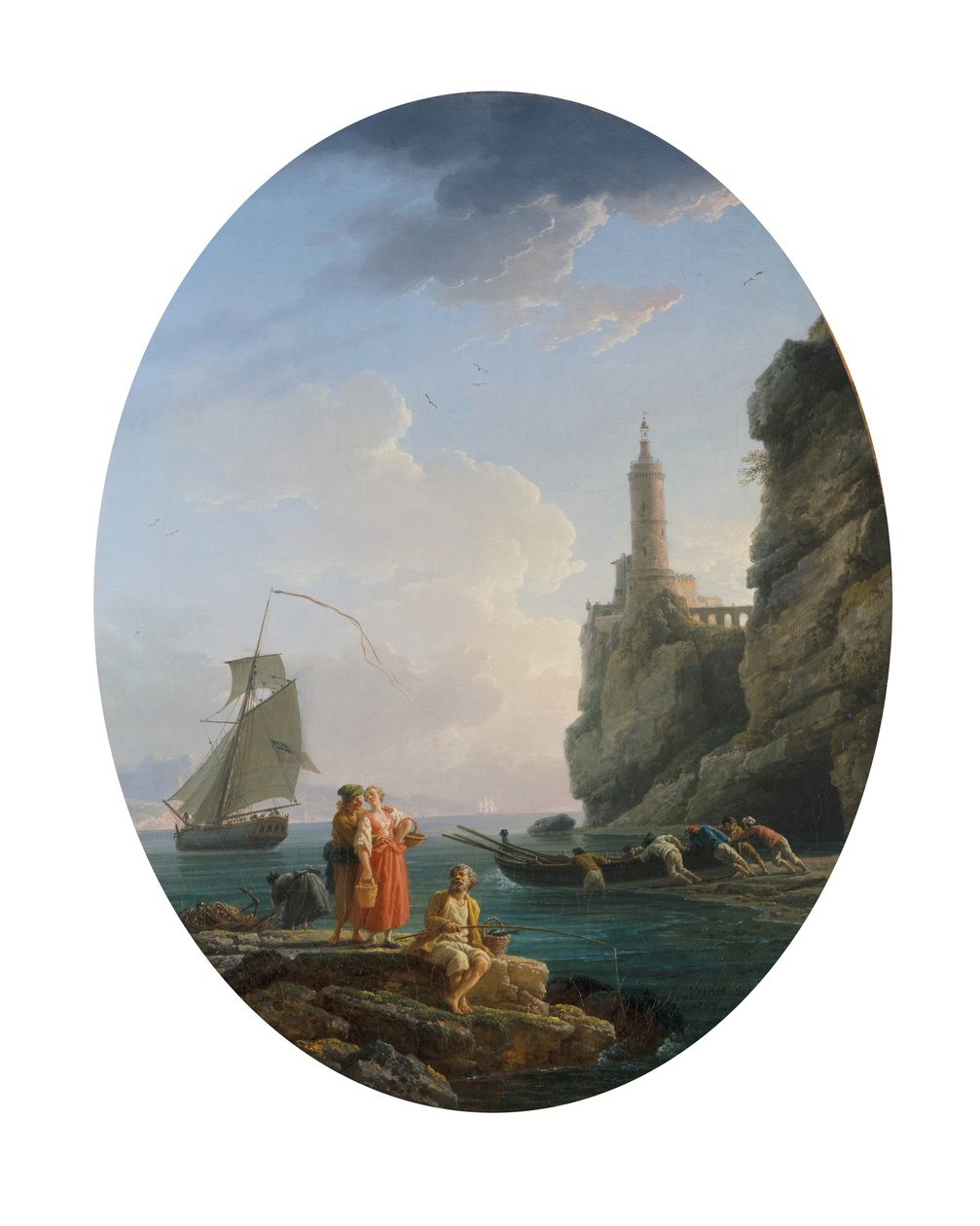 Uma costa mediterrânica com um casal amoroso e pescadores de Claude Joseph Vernet