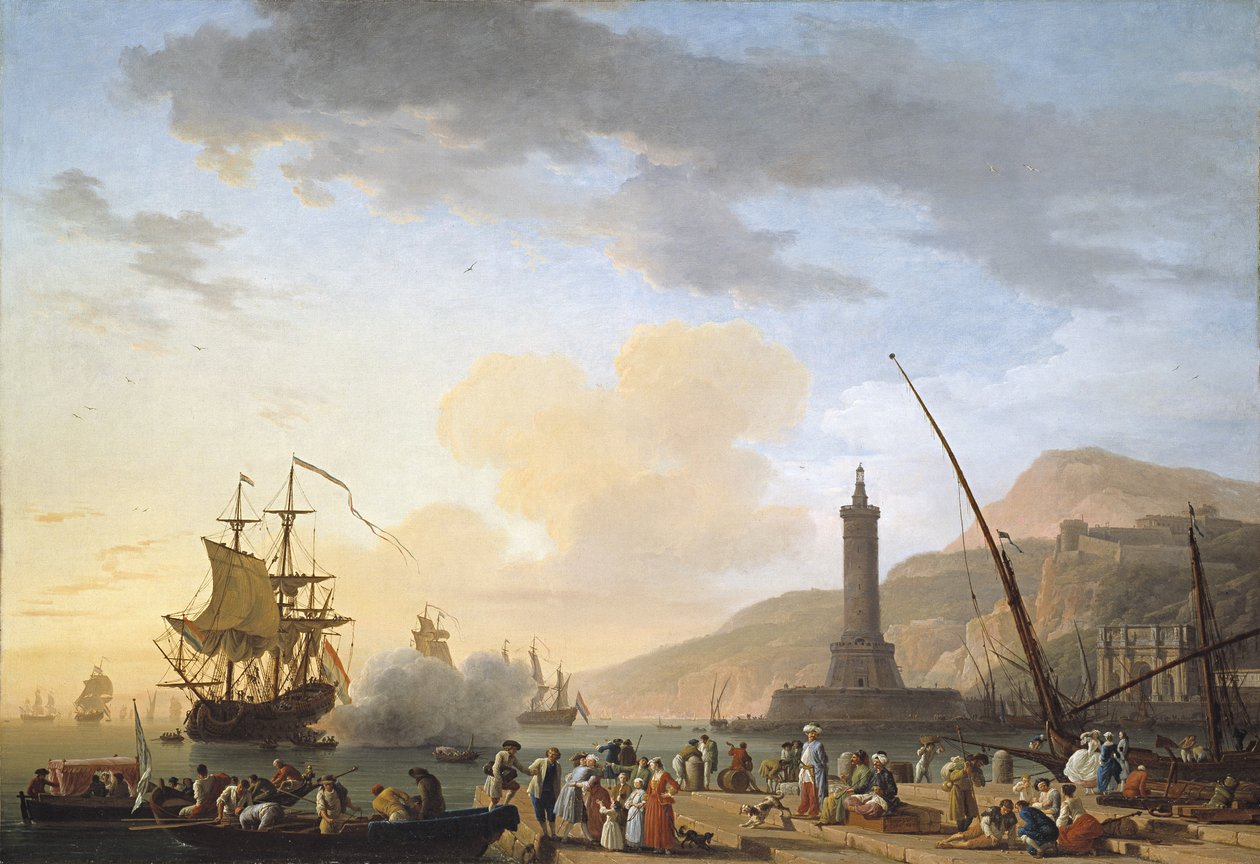 Porto marítimo ao pôr do sol de Claude Joseph Vernet