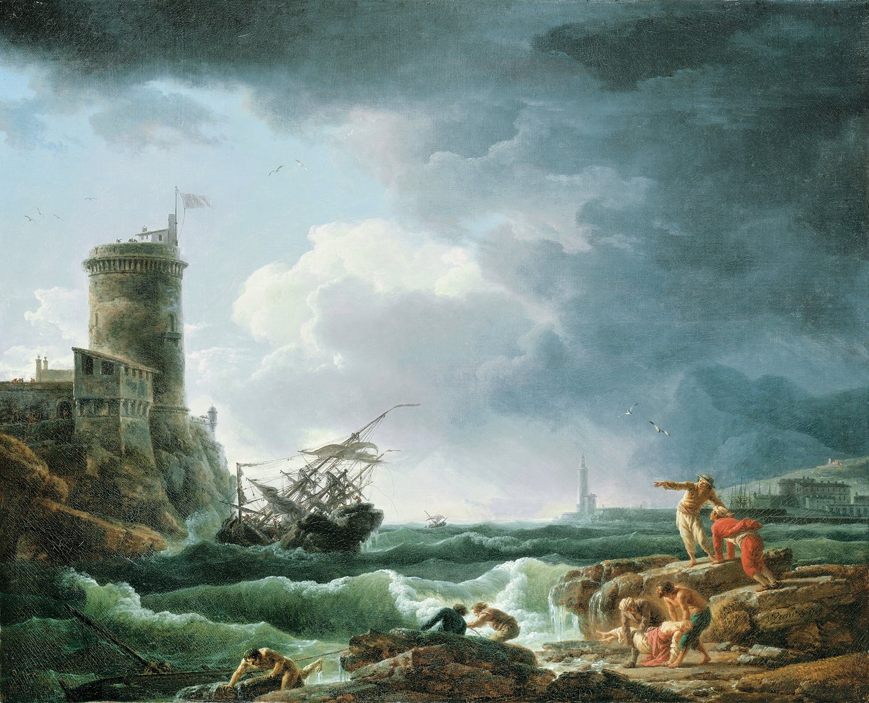 Uma tempestade com naufrágio por uma fortaleza, um náufrago em primeiro plano, 1769 de Claude Joseph Vernet