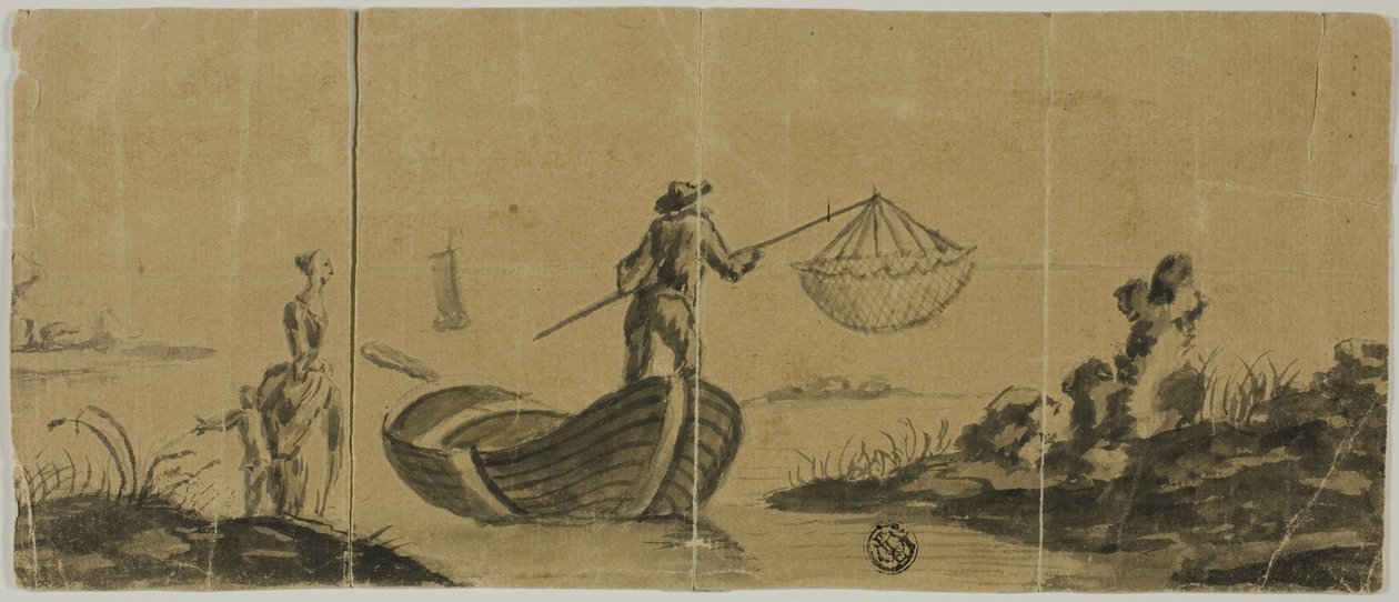 Chinoiserie com homem pescando de barco, mulher e criança em pé na costa de Claude Joseph Vernet