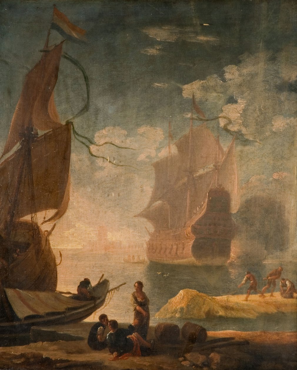 Cena do porto com navio de guerra e figuras em um cais, 1825. de Claude Joseph Vernet